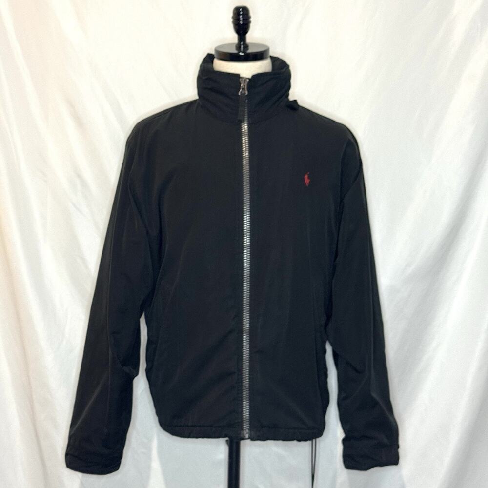 Polo Ralph Lauren Perry Jacket Mens Large Black Fleece Lined Stowaway Hood Coat